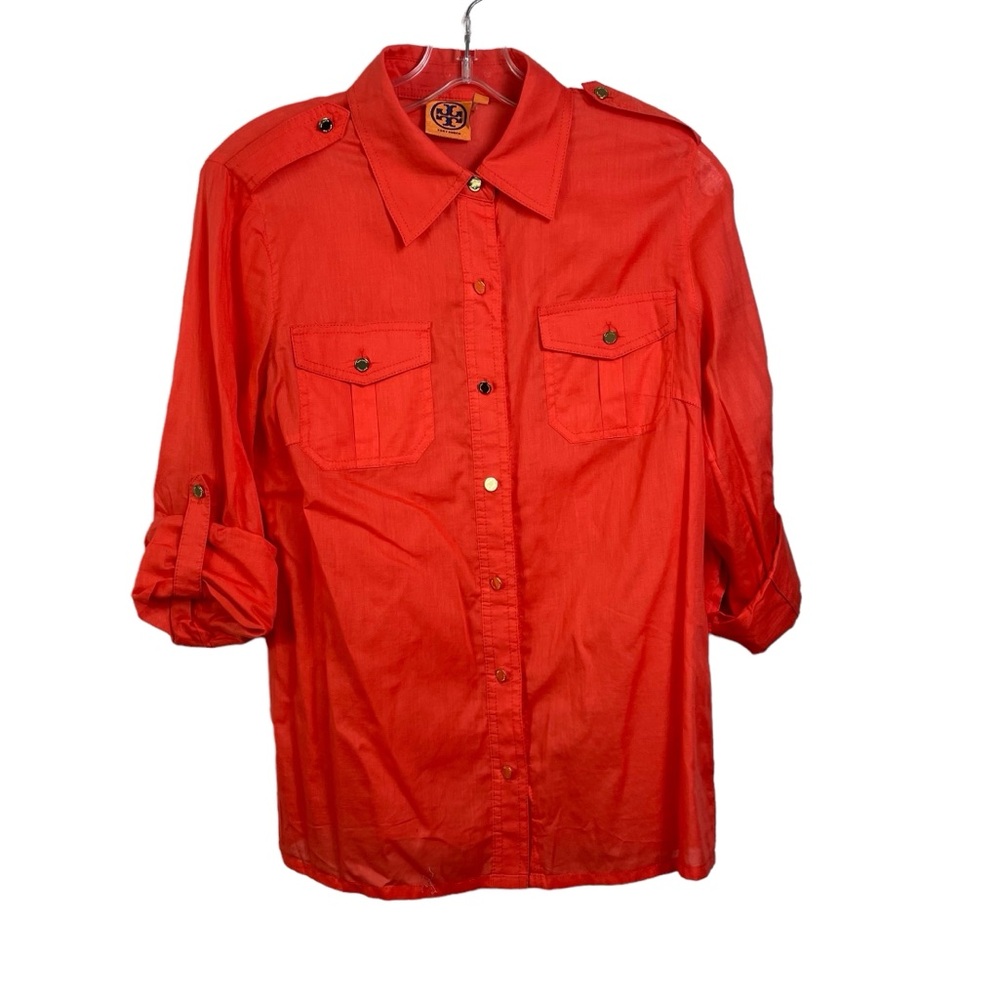 Tory Burch Shirt Blouse Top Gold Buttons Tangerine Red Orange Sz 6